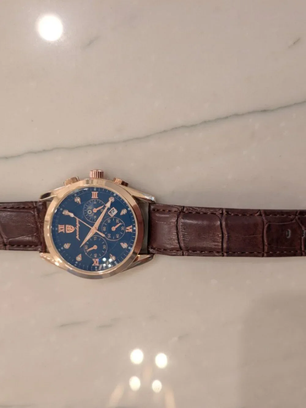 Poedagar P318 Men’s Quartz Watch Blue Dial Rose Gold Tone Brown Leather